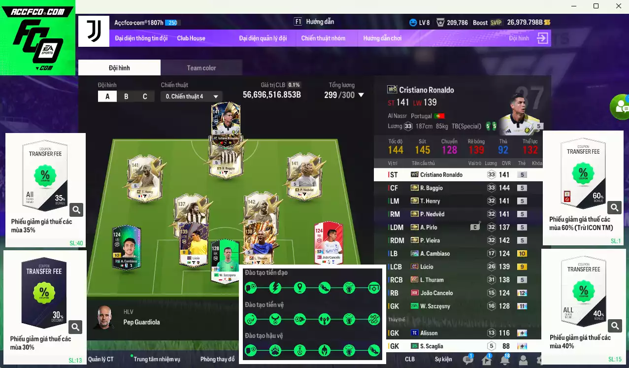 Juventus 56.696.510b có Henry ITM, Baggio ITM, Nedved ITM, Vieira ITM, Pirlo ITM, CR7 WS... Còn nhiều CP GIẢM THUẾ. HLV Xịn, đã full đào tạo chiến thuật, dư 230k TC