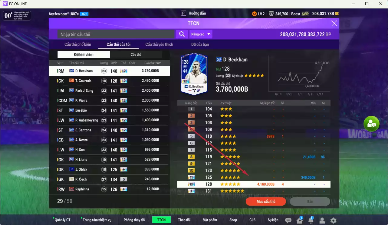 Ảnh [ACC Hiếm] Full mùa CAP+12 18.489.800b có Beckham, Park, Vieira, Eusébio, Aubameyang, Cantona, Nesta, H. Son, Lloris... CAP+12 vs Quang Hải IP. Full miniface, còn nhiều CP GIẢM THUẾ. HLV Xịn, đã full đào tạo chiến thuật vs chỉ số cầu thủ