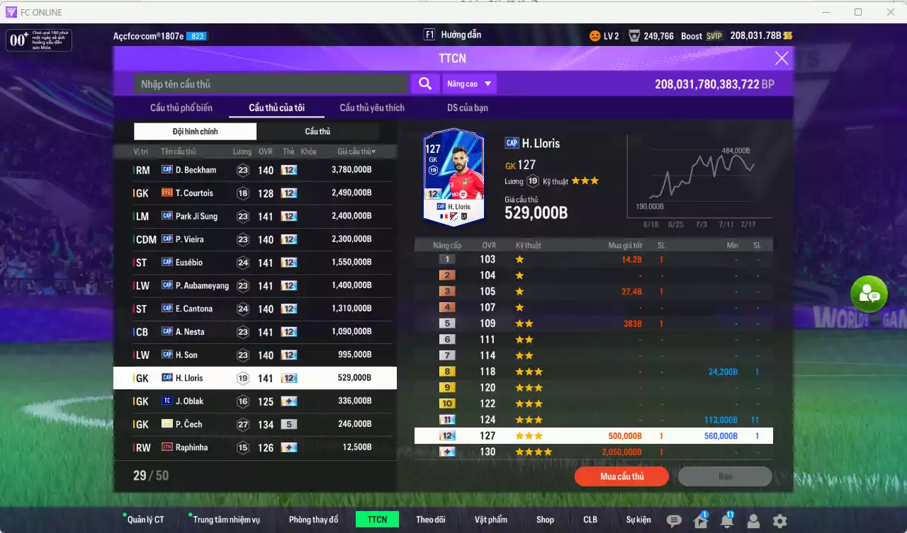 Ảnh [ACC Hiếm] Full mùa CAP+12 18.489.800b có Beckham, Park, Vieira, Eusébio, Aubameyang, Cantona, Nesta, H. Son, Lloris... CAP+12 vs Quang Hải IP. Full miniface, còn nhiều CP GIẢM THUẾ. HLV Xịn, đã full đào tạo chiến thuật vs chỉ số cầu thủ