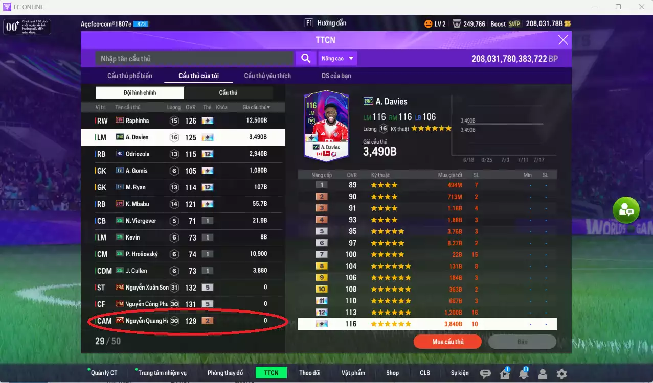 Ảnh [ACC Hiếm] Full mùa CAP+12 18.489.800b có Beckham, Park, Vieira, Eusébio, Aubameyang, Cantona, Nesta, H. Son, Lloris... CAP+12 vs Quang Hải IP. Full miniface, còn nhiều CP GIẢM THUẾ. HLV Xịn, đã full đào tạo chiến thuật vs chỉ số cầu thủ