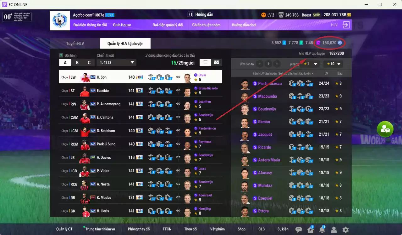 Ảnh [ACC Hiếm] Full mùa CAP+12 18.489.800b có Beckham, Park, Vieira, Eusébio, Aubameyang, Cantona, Nesta, H. Son, Lloris... CAP+12 vs Quang Hải IP. Full miniface, còn nhiều CP GIẢM THUẾ. HLV Xịn, đã full đào tạo chiến thuật vs chỉ số cầu thủ