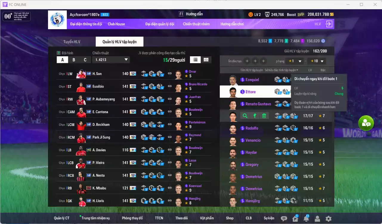 Ảnh [ACC Hiếm] Full mùa CAP+12 18.489.800b có Beckham, Park, Vieira, Eusébio, Aubameyang, Cantona, Nesta, H. Son, Lloris... CAP+12 vs Quang Hải IP. Full miniface, còn nhiều CP GIẢM THUẾ. HLV Xịn, đã full đào tạo chiến thuật vs chỉ số cầu thủ