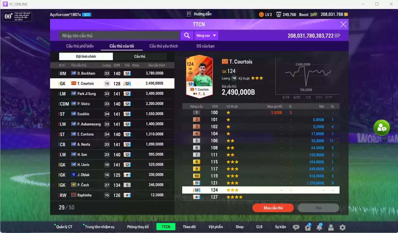 Ảnh [ACC Hiếm] Full mùa CAP+12 18.489.800b có Beckham, Park, Vieira, Eusébio, Aubameyang, Cantona, Nesta, H. Son, Lloris... CAP+12 vs Quang Hải IP. Full miniface, còn nhiều CP GIẢM THUẾ. HLV Xịn, đã full đào tạo chiến thuật vs chỉ số cầu thủ
