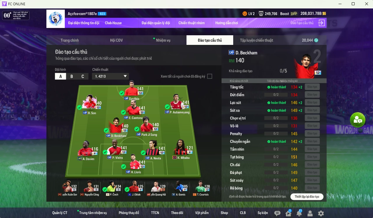 Ảnh [ACC Hiếm] Full mùa CAP+12 18.489.800b có Beckham, Park, Vieira, Eusébio, Aubameyang, Cantona, Nesta, H. Son, Lloris... CAP+12 vs Quang Hải IP. Full miniface, còn nhiều CP GIẢM THUẾ. HLV Xịn, đã full đào tạo chiến thuật vs chỉ số cầu thủ