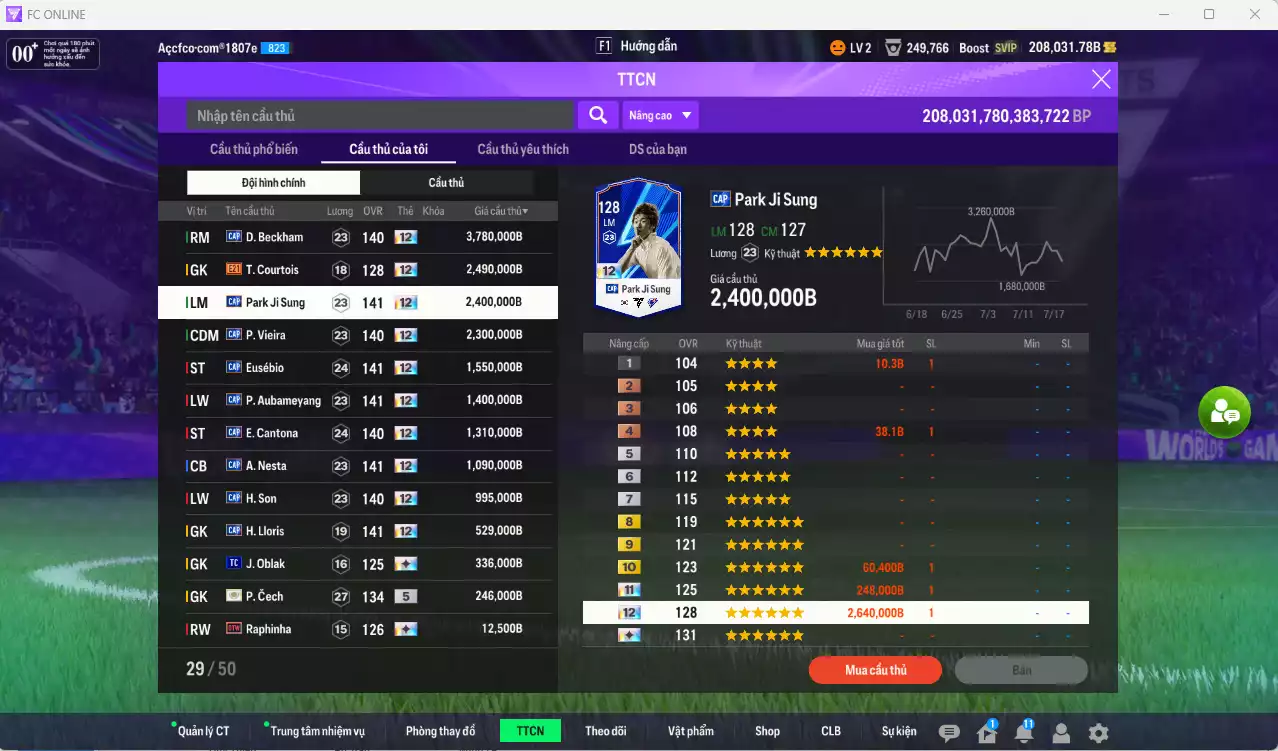 Ảnh [ACC Hiếm] Full mùa CAP+12 18.489.800b có Beckham, Park, Vieira, Eusébio, Aubameyang, Cantona, Nesta, H. Son, Lloris... CAP+12 vs Quang Hải IP. Full miniface, còn nhiều CP GIẢM THUẾ. HLV Xịn, đã full đào tạo chiến thuật vs chỉ số cầu thủ