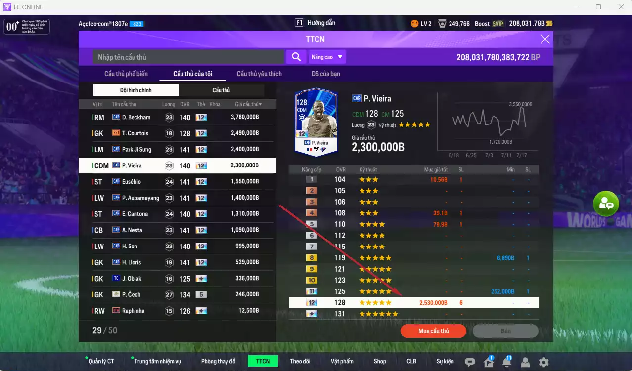 Ảnh [ACC Hiếm] Full mùa CAP+12 18.489.800b có Beckham, Park, Vieira, Eusébio, Aubameyang, Cantona, Nesta, H. Son, Lloris... CAP+12 vs Quang Hải IP. Full miniface, còn nhiều CP GIẢM THUẾ. HLV Xịn, đã full đào tạo chiến thuật vs chỉ số cầu thủ