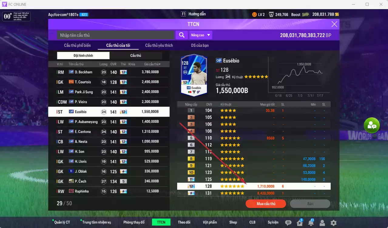 Ảnh [ACC Hiếm] Full mùa CAP+12 18.489.800b có Beckham, Park, Vieira, Eusébio, Aubameyang, Cantona, Nesta, H. Son, Lloris... CAP+12 vs Quang Hải IP. Full miniface, còn nhiều CP GIẢM THUẾ. HLV Xịn, đã full đào tạo chiến thuật vs chỉ số cầu thủ