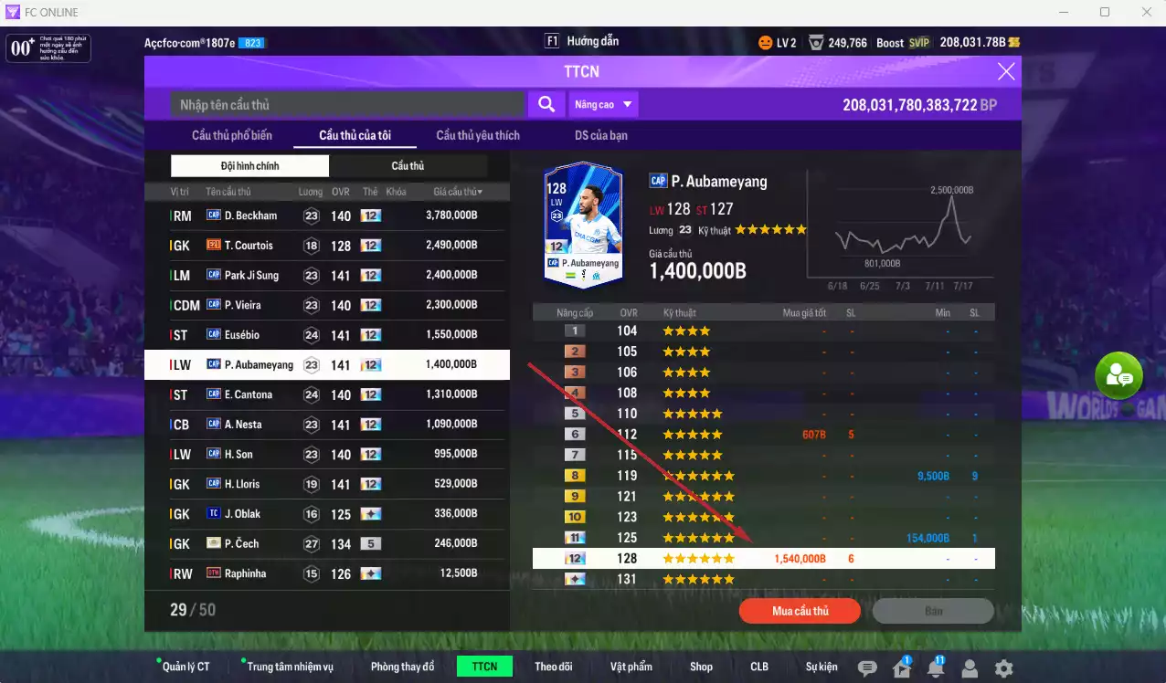 Ảnh [ACC Hiếm] Full mùa CAP+12 18.489.800b có Beckham, Park, Vieira, Eusébio, Aubameyang, Cantona, Nesta, H. Son, Lloris... CAP+12 vs Quang Hải IP. Full miniface, còn nhiều CP GIẢM THUẾ. HLV Xịn, đã full đào tạo chiến thuật vs chỉ số cầu thủ