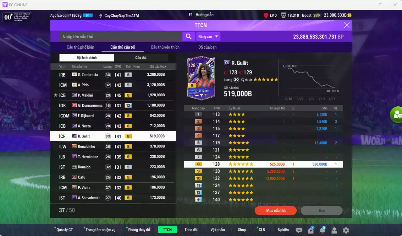 Ảnh AC Milan 13.380.410b có Pirlo ITM, Zambrotta ITM+6, Maldini CU, Donnarumma BOE, Rijkaard CU, Nesta CU, Gullit CU... Còn nhiều CP GIẢM THUẾ. HLV tạm, đã full đào tạo chiến thuật