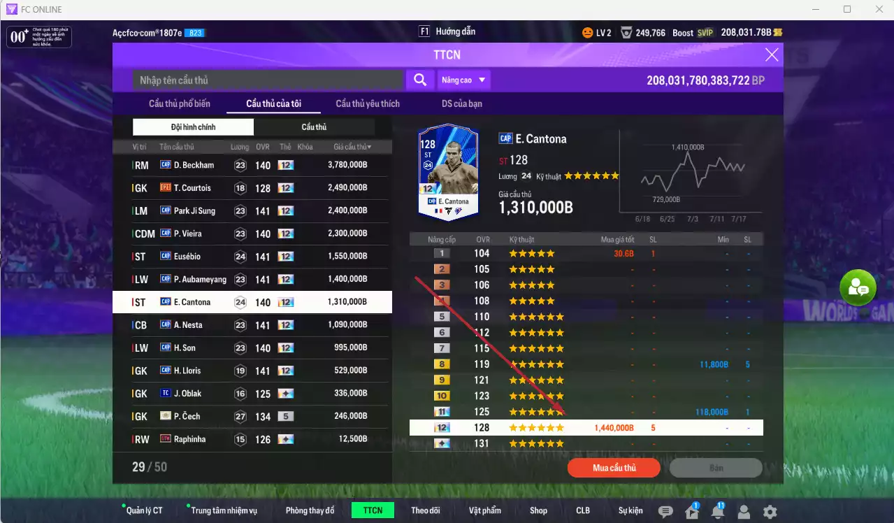Ảnh [ACC Hiếm] Full mùa CAP+12 18.489.800b có Beckham, Park, Vieira, Eusébio, Aubameyang, Cantona, Nesta, H. Son, Lloris... CAP+12 vs Quang Hải IP. Full miniface, còn nhiều CP GIẢM THUẾ. HLV Xịn, đã full đào tạo chiến thuật vs chỉ số cầu thủ
