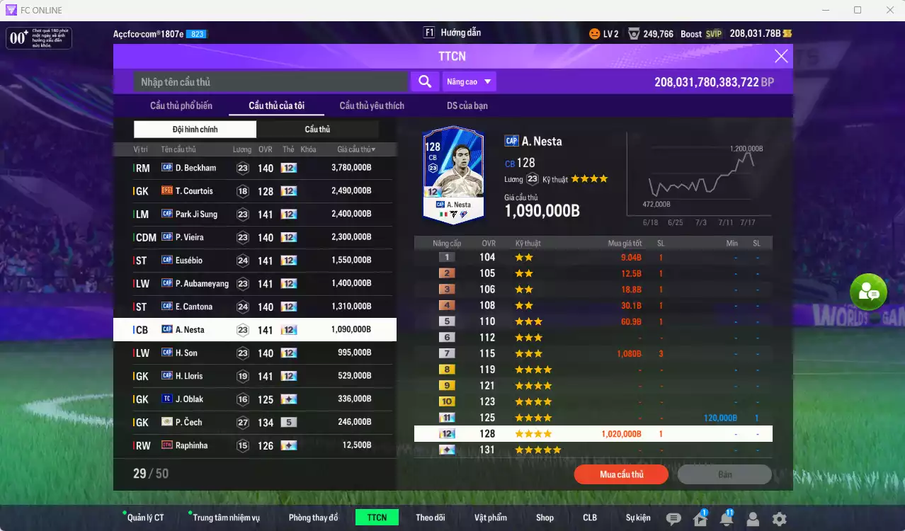Ảnh [ACC Hiếm] Full mùa CAP+12 18.489.800b có Beckham, Park, Vieira, Eusébio, Aubameyang, Cantona, Nesta, H. Son, Lloris... CAP+12 vs Quang Hải IP. Full miniface, còn nhiều CP GIẢM THUẾ. HLV Xịn, đã full đào tạo chiến thuật vs chỉ số cầu thủ
