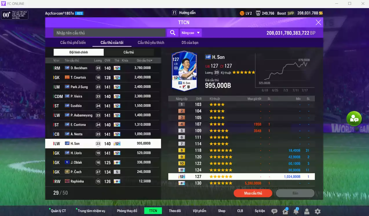 Ảnh [ACC Hiếm] Full mùa CAP+12 18.489.800b có Beckham, Park, Vieira, Eusébio, Aubameyang, Cantona, Nesta, H. Son, Lloris... CAP+12 vs Quang Hải IP. Full miniface, còn nhiều CP GIẢM THUẾ. HLV Xịn, đã full đào tạo chiến thuật vs chỉ số cầu thủ