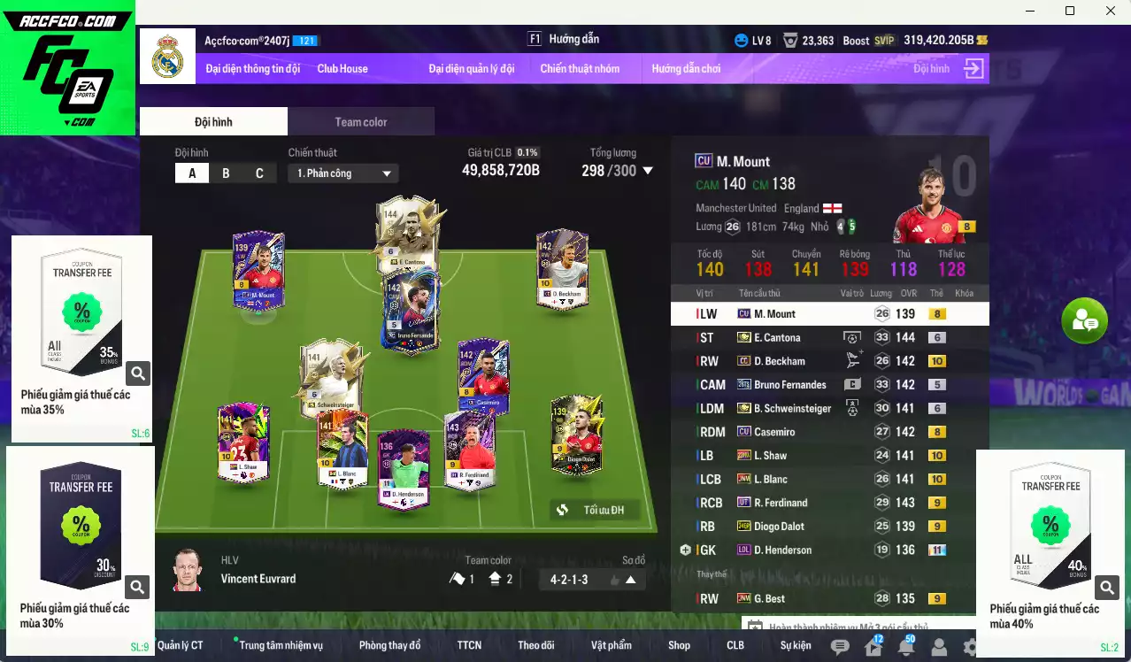 Man Utd. 49.858.720b có Cantona ITM+6, Schweinsteiger ITM+6, Bruno 26TS, Beckham CC+10, Best JNM+9, Henderson LOL+11, Dalot 24EP+9, Ferdinand UT+9, Blanc JNM+10, Casemiro CU, Shaw 23HW+10... Còn CP GIẢM THUẾ
