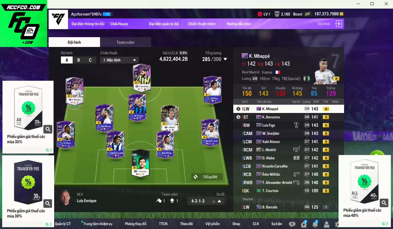 Real Madrid 4.622.400b có Mbappé UT, Militao CU, Figo CU, Sneijder CU, Alaba CU...