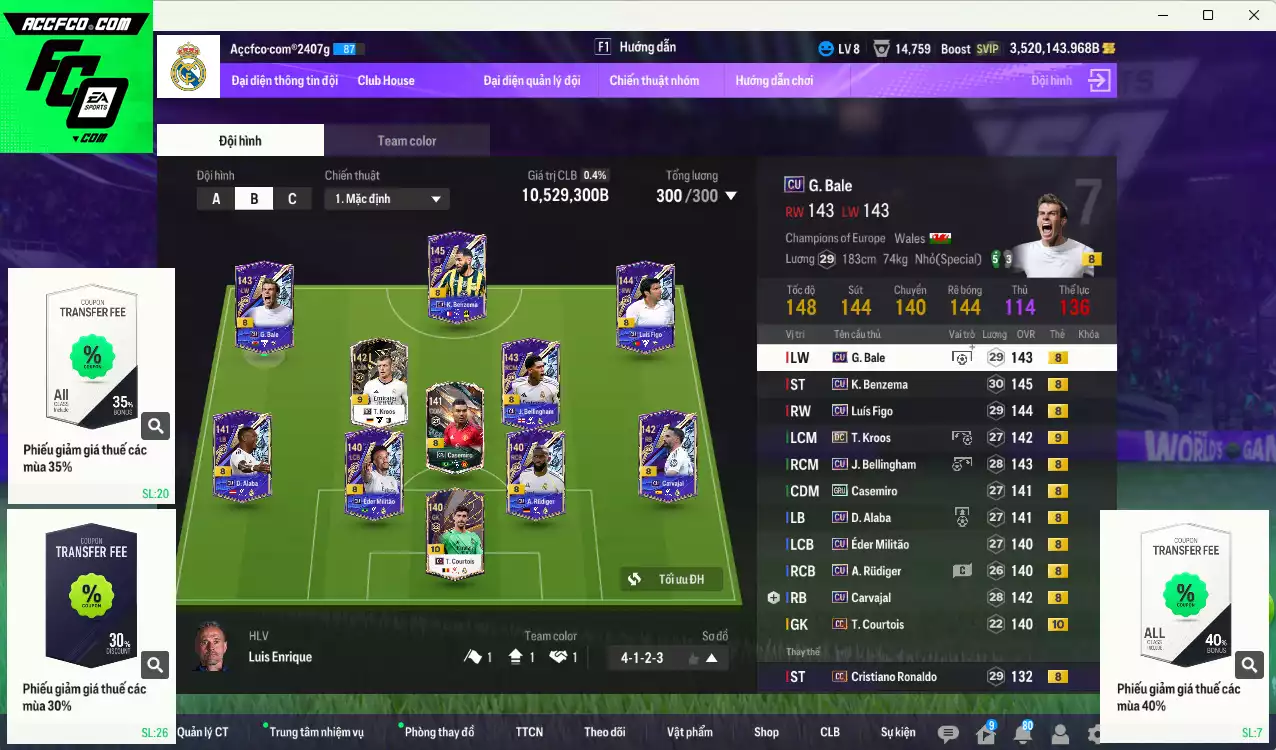 Real Madrid 10.529.300b dư 3tr5b có Benzema CU, CR7 CC, Rudiger CU, Bale CU, Bellingham CU, Kroos DC+9, Militao CU, Figo CU, Casemiro GRU, Carvajal CU... Còn nhiều CP GIẢM THUẾ. HLV Xịn
