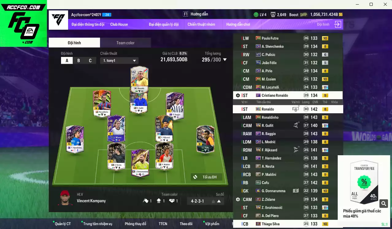 AC Milan mix Real Madrid 21.693.500b dư 1trb có Gullit RTN+11, Baggio UT+9, Ronaldo MDL, Ronaldinho JNM+9, Sheva CU, Zidane CC+9, CR7 UT+9, Modric CU, Rijkaard RTN+11, Ibrahimovic RTN+11... HLV Xịn