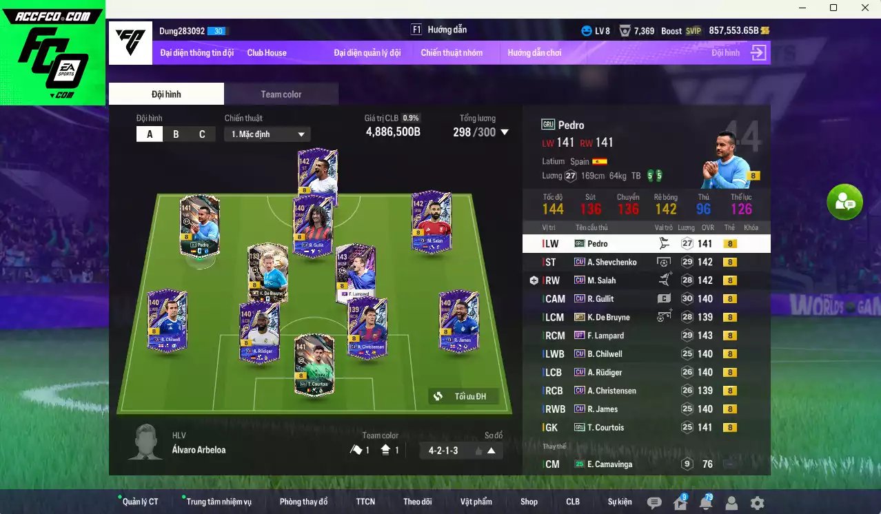 Chelsea 4.886.500b có Sheva CU, Rudiger CU, Gullit CU, K. De Bruyne BDO, Lampard UT, Pedro GRU...