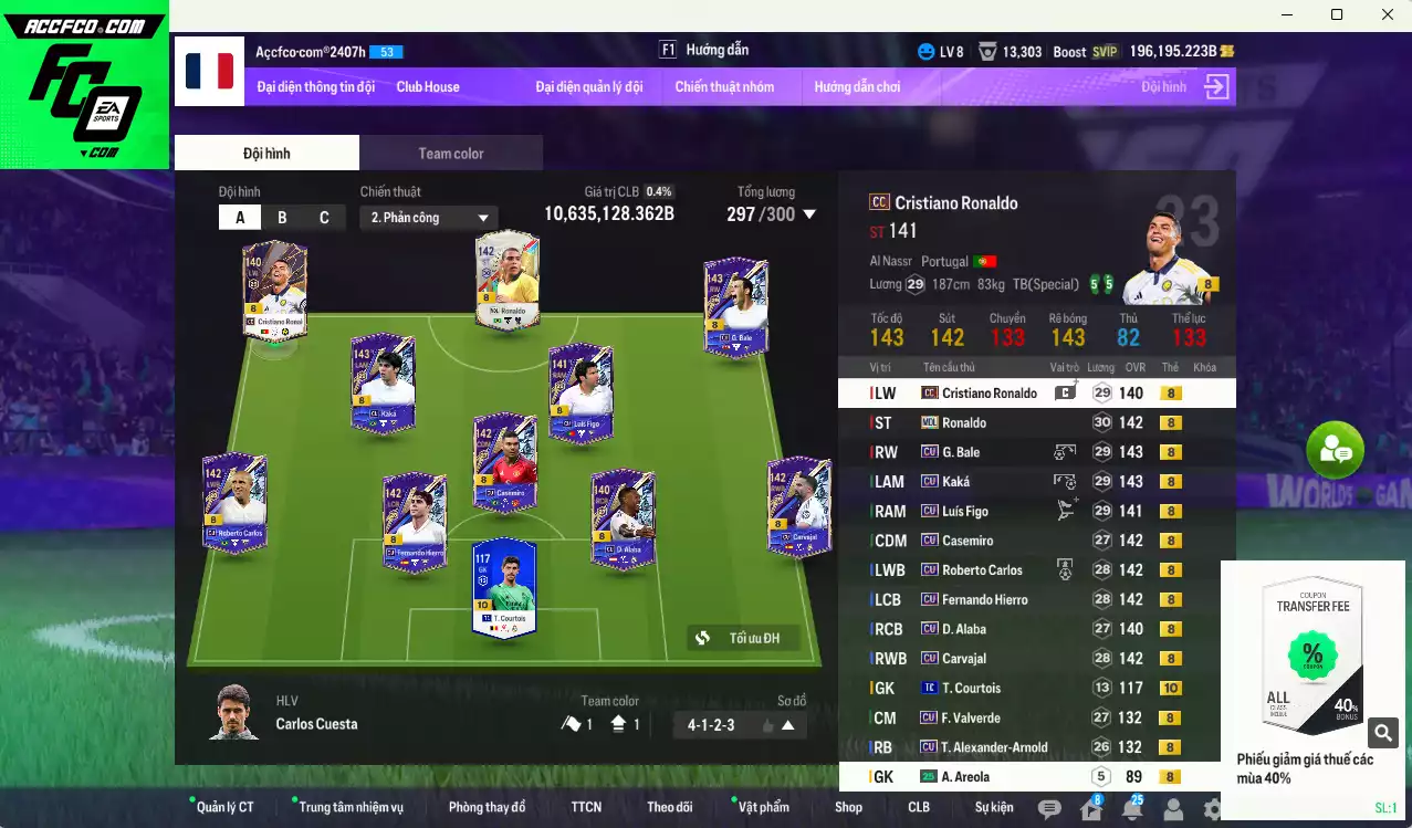 Real Madrid 10.635.120b có Kaká CU, Ronaldo MDL, CR7 CC, Bale CU, Casemiro CU, Figo CU, Carvajal CU, Carlos CU, Hierro CU, Alaba CU... HLV tạm