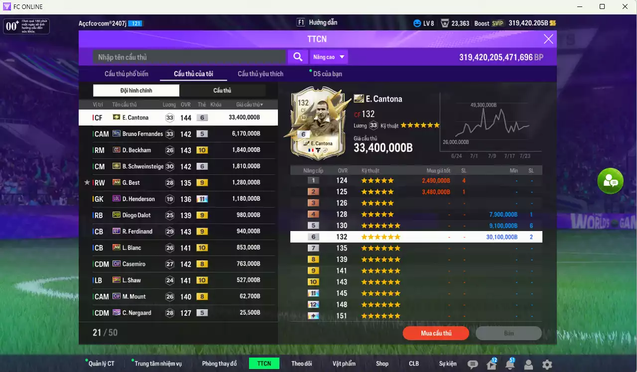 Ảnh Man Utd. 49.858.720b có Cantona ITM+6, Schweinsteiger ITM+6, Bruno 26TS, Beckham CC+10, Best JNM+9, Henderson LOL+11, Dalot 24EP+9, Ferdinand UT+9, Blanc JNM+10, Casemiro CU, Shaw 23HW+10... Còn CP GIẢM THUẾ