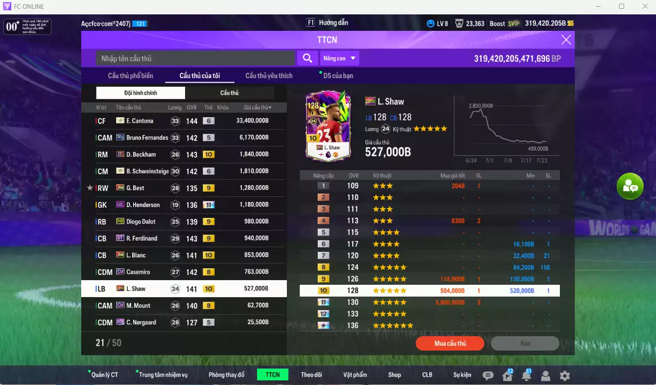 Ảnh Man Utd. 49.858.720b có Cantona ITM+6, Schweinsteiger ITM+6, Bruno 26TS, Beckham CC+10, Best JNM+9, Henderson LOL+11, Dalot 24EP+9, Ferdinand UT+9, Blanc JNM+10, Casemiro CU, Shaw 23HW+10... Còn CP GIẢM THUẾ