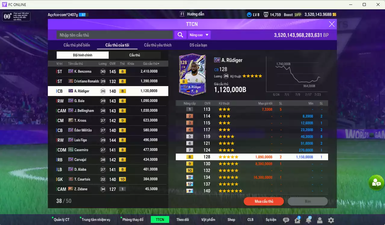 Ảnh Real Madrid 10.529.300b dư 3tr5b có Benzema CU, CR7 CC, Rudiger CU, Bale CU, Bellingham CU, Kroos DC+9, Militao CU, Figo CU, Casemiro GRU, Carvajal CU... Còn nhiều CP GIẢM THUẾ. HLV Xịn