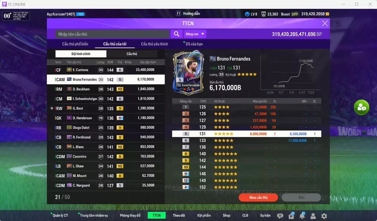 Ảnh Man Utd. 49.858.720b có Cantona ITM+6, Schweinsteiger ITM+6, Bruno 26TS, Beckham CC+10, Best JNM+9, Henderson LOL+11, Dalot 24EP+9, Ferdinand UT+9, Blanc JNM+10, Casemiro CU, Shaw 23HW+10... Còn CP GIẢM THUẾ