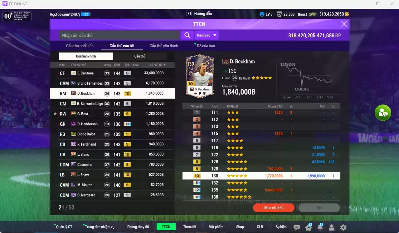 Ảnh Man Utd. 49.858.720b có Cantona ITM+6, Schweinsteiger ITM+6, Bruno 26TS, Beckham CC+10, Best JNM+9, Henderson LOL+11, Dalot 24EP+9, Ferdinand UT+9, Blanc JNM+10, Casemiro CU, Shaw 23HW+10... Còn CP GIẢM THUẾ
