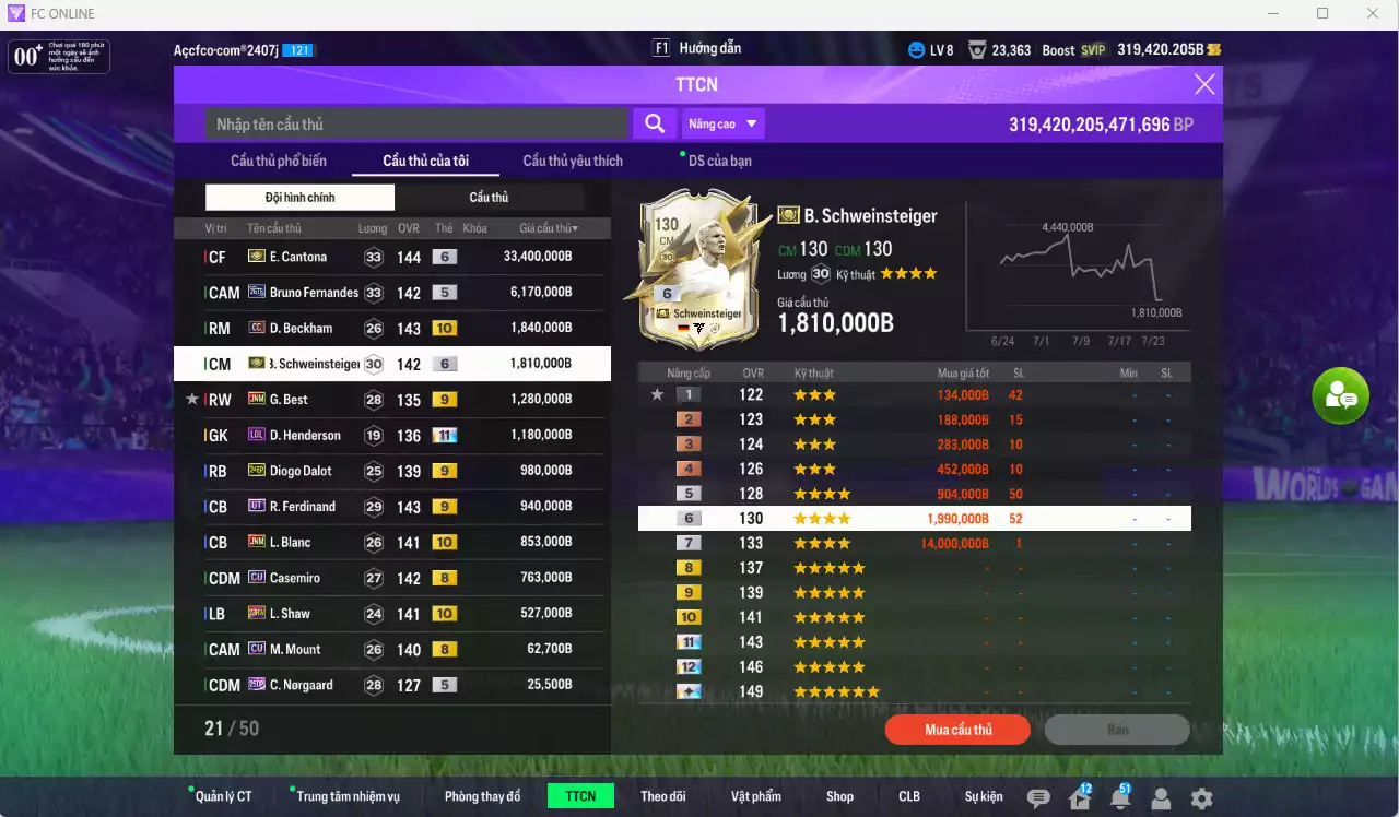 Ảnh Man Utd. 49.858.720b có Cantona ITM+6, Schweinsteiger ITM+6, Bruno 26TS, Beckham CC+10, Best JNM+9, Henderson LOL+11, Dalot 24EP+9, Ferdinand UT+9, Blanc JNM+10, Casemiro CU, Shaw 23HW+10... Còn CP GIẢM THUẾ