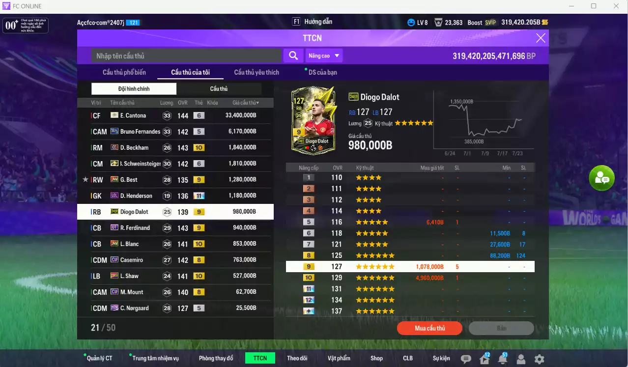 Ảnh Man Utd. 49.858.720b có Cantona ITM+6, Schweinsteiger ITM+6, Bruno 26TS, Beckham CC+10, Best JNM+9, Henderson LOL+11, Dalot 24EP+9, Ferdinand UT+9, Blanc JNM+10, Casemiro CU, Shaw 23HW+10... Còn CP GIẢM THUẾ