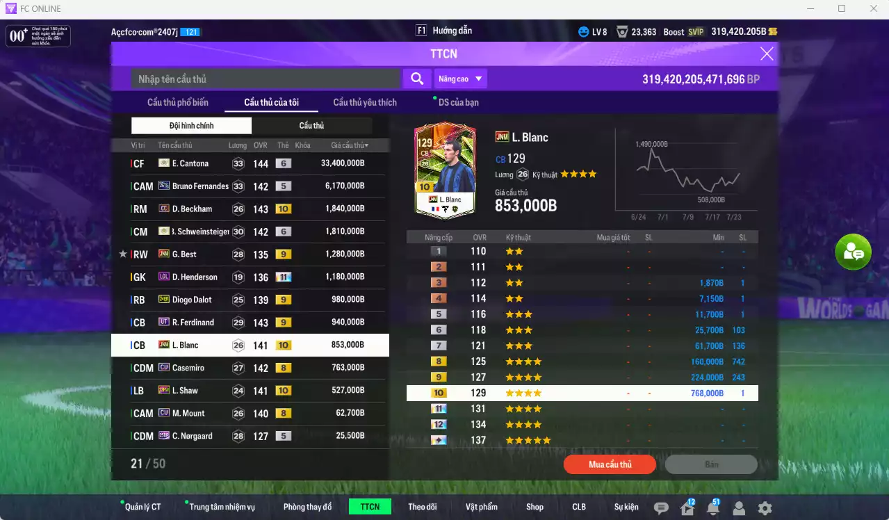 Ảnh Man Utd. 49.858.720b có Cantona ITM+6, Schweinsteiger ITM+6, Bruno 26TS, Beckham CC+10, Best JNM+9, Henderson LOL+11, Dalot 24EP+9, Ferdinand UT+9, Blanc JNM+10, Casemiro CU, Shaw 23HW+10... Còn CP GIẢM THUẾ