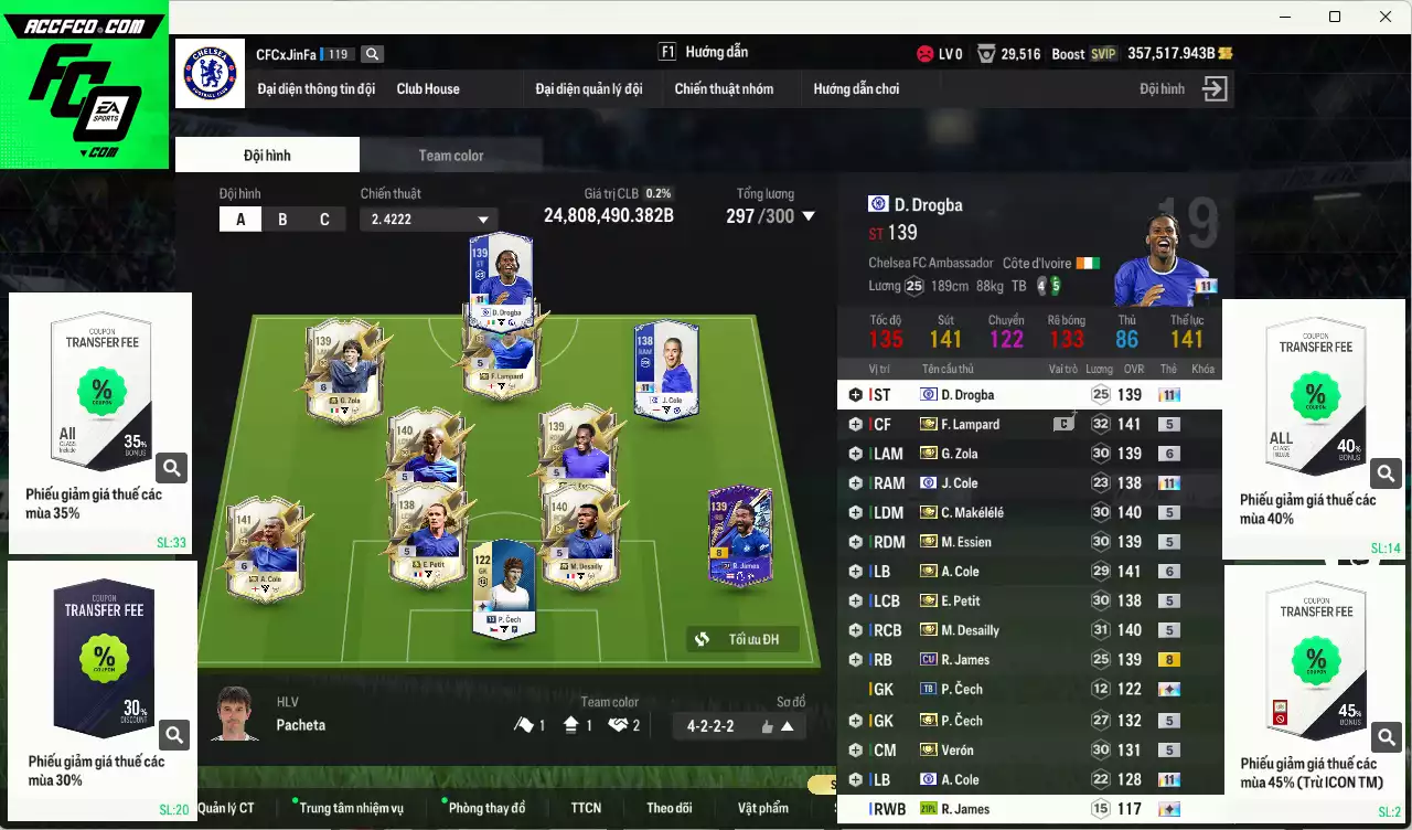Chelsea ITM 24.808.490b có Lampard ITM, Essien ITM, Zola ITM+6, Drogba CFA+11, Desailly ITM, Petit ITM, A. Cole ITM+6, Verón ITM, Makélélé ITM, Cech ITM, J. Cole CFA+11... Còn nhiều CP GIẢM THUẾ. HLV Xịn