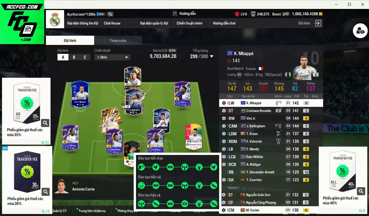 Real Madrid 9.703.680b dư 1trb có Bellingham 26TY, CR7 WS, Kroos WG+6, Rudiger CU, Vini CU, Mbappé 25UCL... Full miniface, còn nhiều CP GIẢM THUẾ vs Coin TM. HLV Xịn, đã full đào tạo chiến thuật