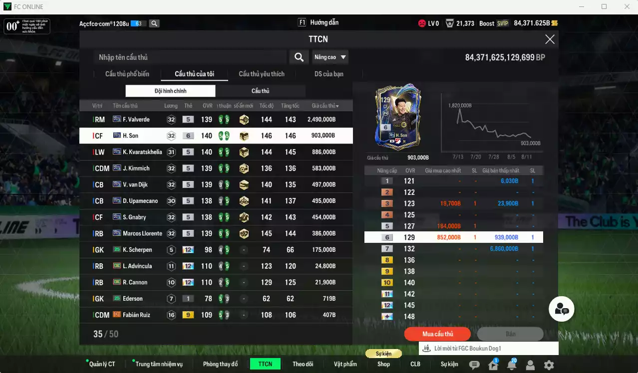 Ảnh Full mùa 26TS 6.916.900b có Valverde, H. Son+6, Kvaratskhelia, Kimmich, Van Dijk, Upamecano, Gnabry, Llorente... 25TS. HLV Xịn