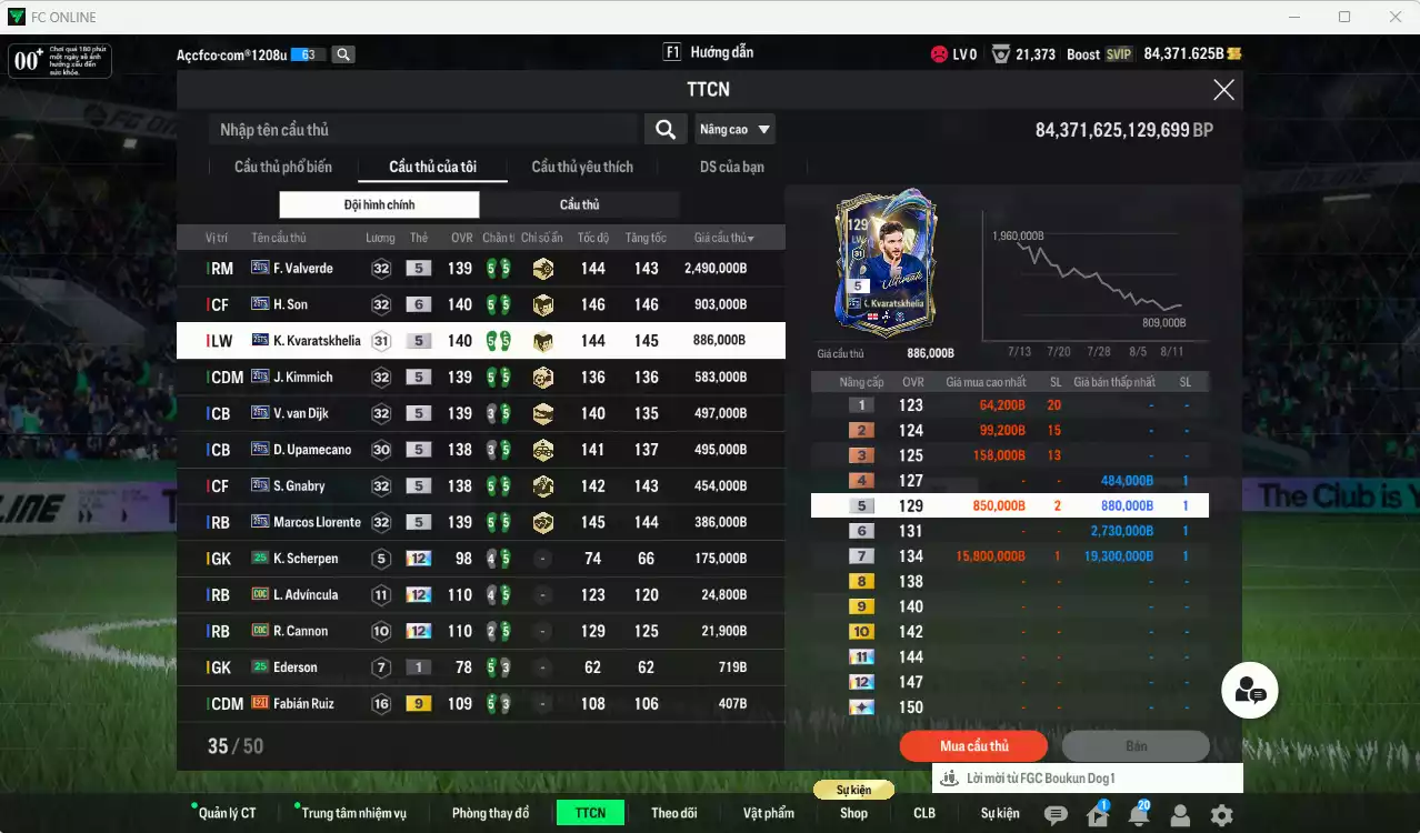 Ảnh Full mùa 26TS 6.916.900b có Valverde, H. Son+6, Kvaratskhelia, Kimmich, Van Dijk, Upamecano, Gnabry, Llorente... 25TS. HLV Xịn