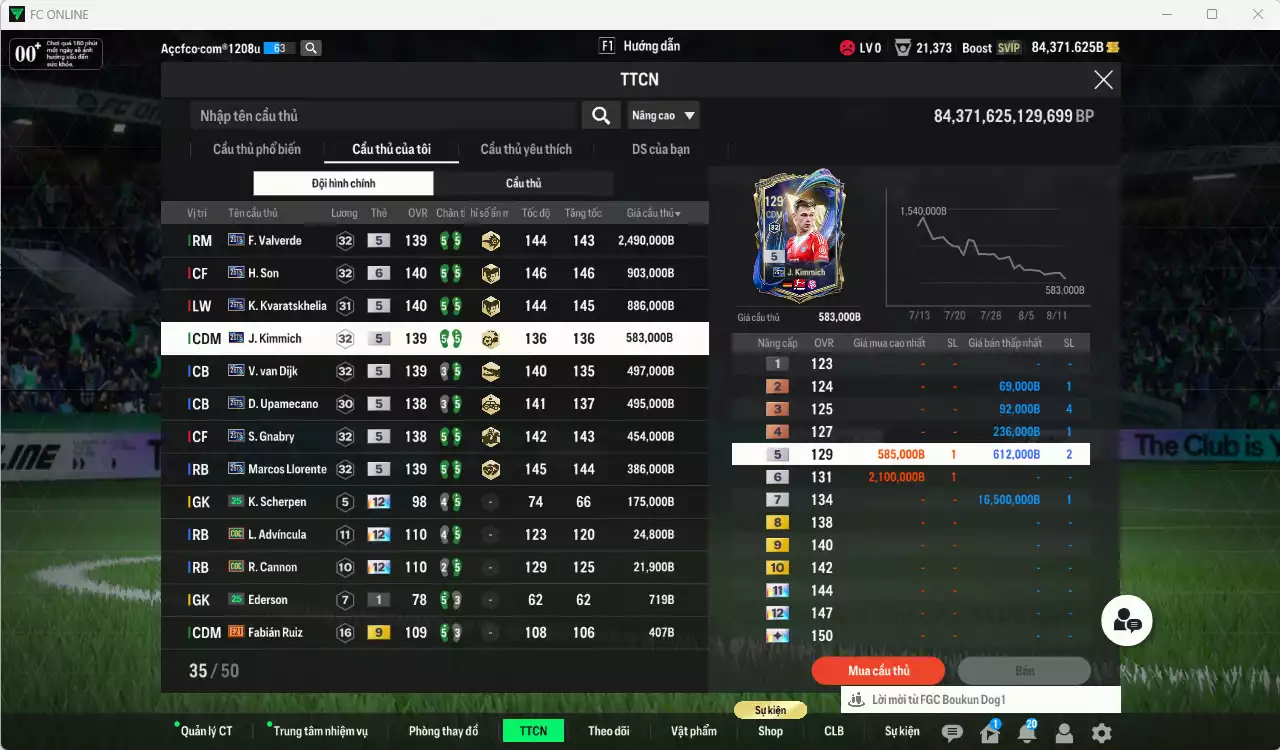 Ảnh Full mùa 26TS 6.916.900b có Valverde, H. Son+6, Kvaratskhelia, Kimmich, Van Dijk, Upamecano, Gnabry, Llorente... 25TS. HLV Xịn