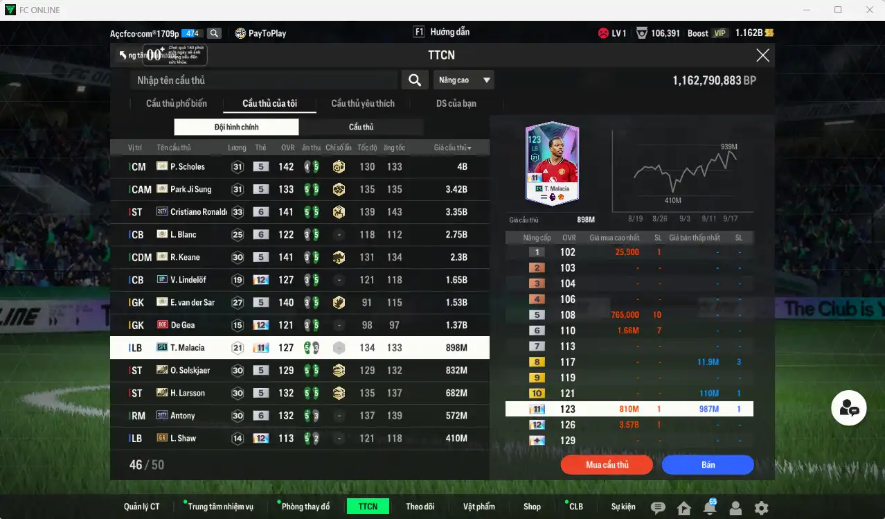 Ảnh Man Utd. 27.092b dư 1.1b có Scholes ITM, CR7 26TY+6, Park ITM, Keane ITM, VDS ITM, Malacia SPL+11, Ole ITM, Larrson ITM, De Gea BOE+12... Full miniface, nhiều CP GIẢM THUẾ. HLV Xịn, đã đào tạo full cs nhiều cầu thủ