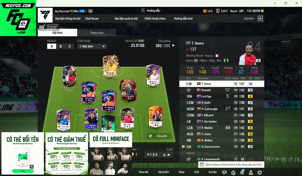 AC Milan 23,015b có Rijkaard CH+7, Gullit CH+7, Ronaldo WG+6, Calhanoglu SPL+6, Henry WS+6, Vieira DC+10, Maldini CU... Full miniface, còn nhiều thẻ GIẢM THUẾ.