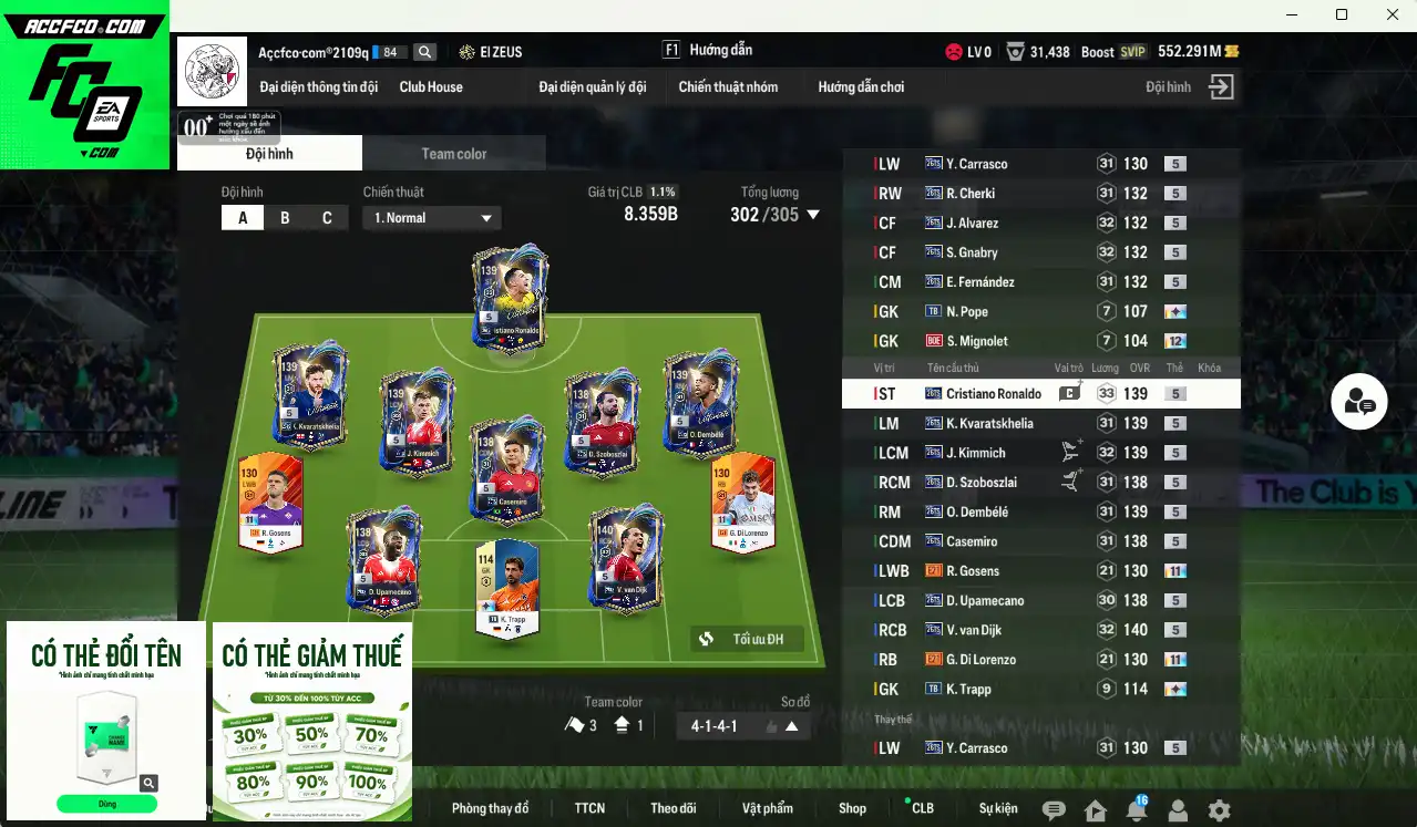 Full mùa 26TS 8.359b có O. Dembélé, Kvaratskhelia, CR7, Kimmich, Szoboszlai, Gnabry, Van Dijk, Upamecano, Cherki, Enzo, CasemirO... 26TS+5  còn nhiều thẻ GIẢM THUẾ. HLV Xịn