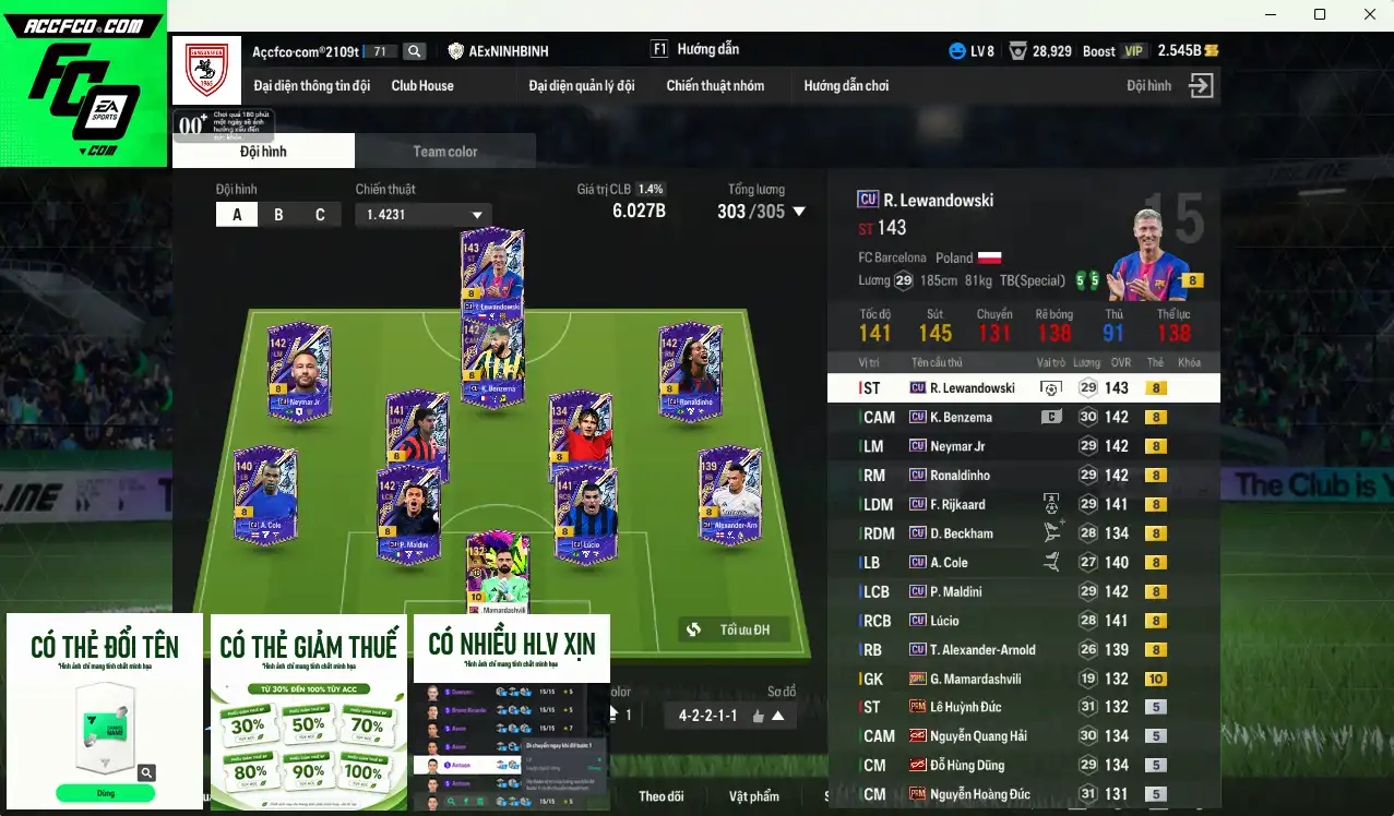 Quang Hải IP, Hùng Dũng IP mix Full mùa CU+8 6.027b dư 2.5b có Benzema, Neymar, Beckham, Lewandowski, Ronaldinho, Maldini, Lúcio... CU+8. HLV Xịn