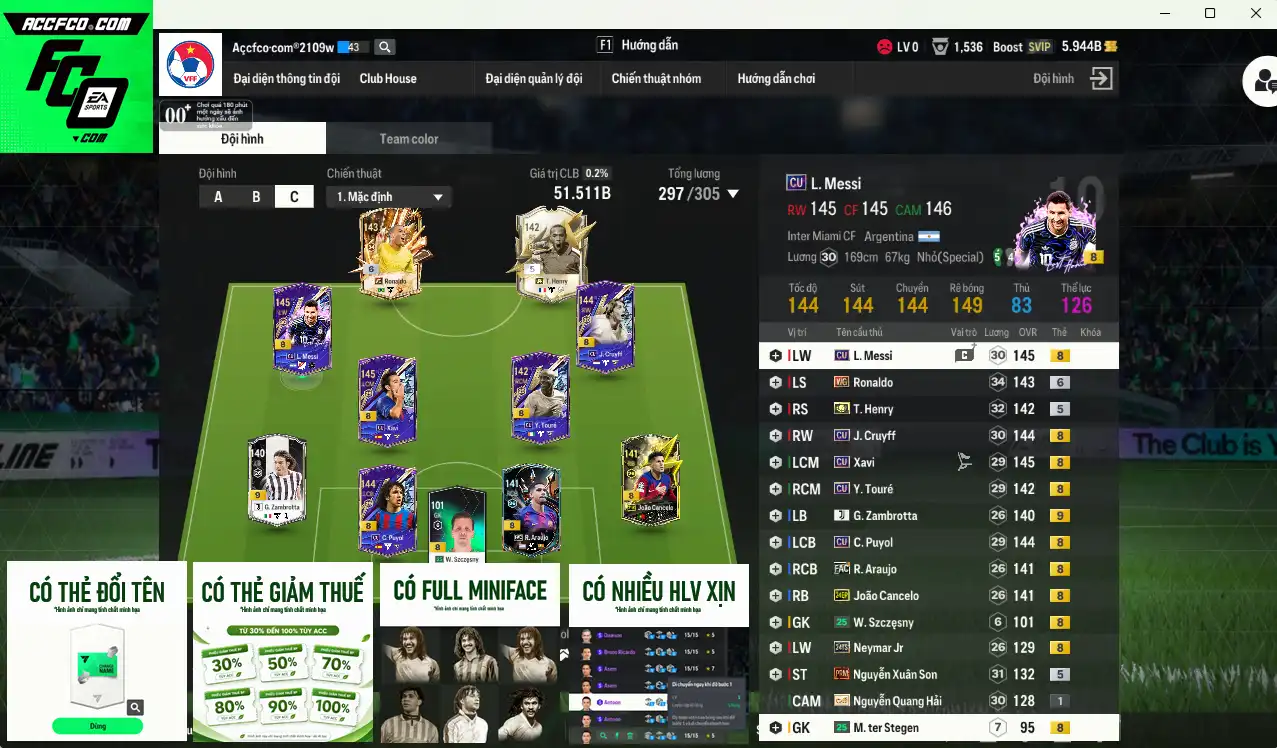 Barcelona 51.511b dư 5,9b có Henry ITM, Araujo FAC+8, Ronaldo WG+6, Messi CU, Neymar 24TS... Full miniface. HLV Xịn, gần full đào tạo chiến thuật