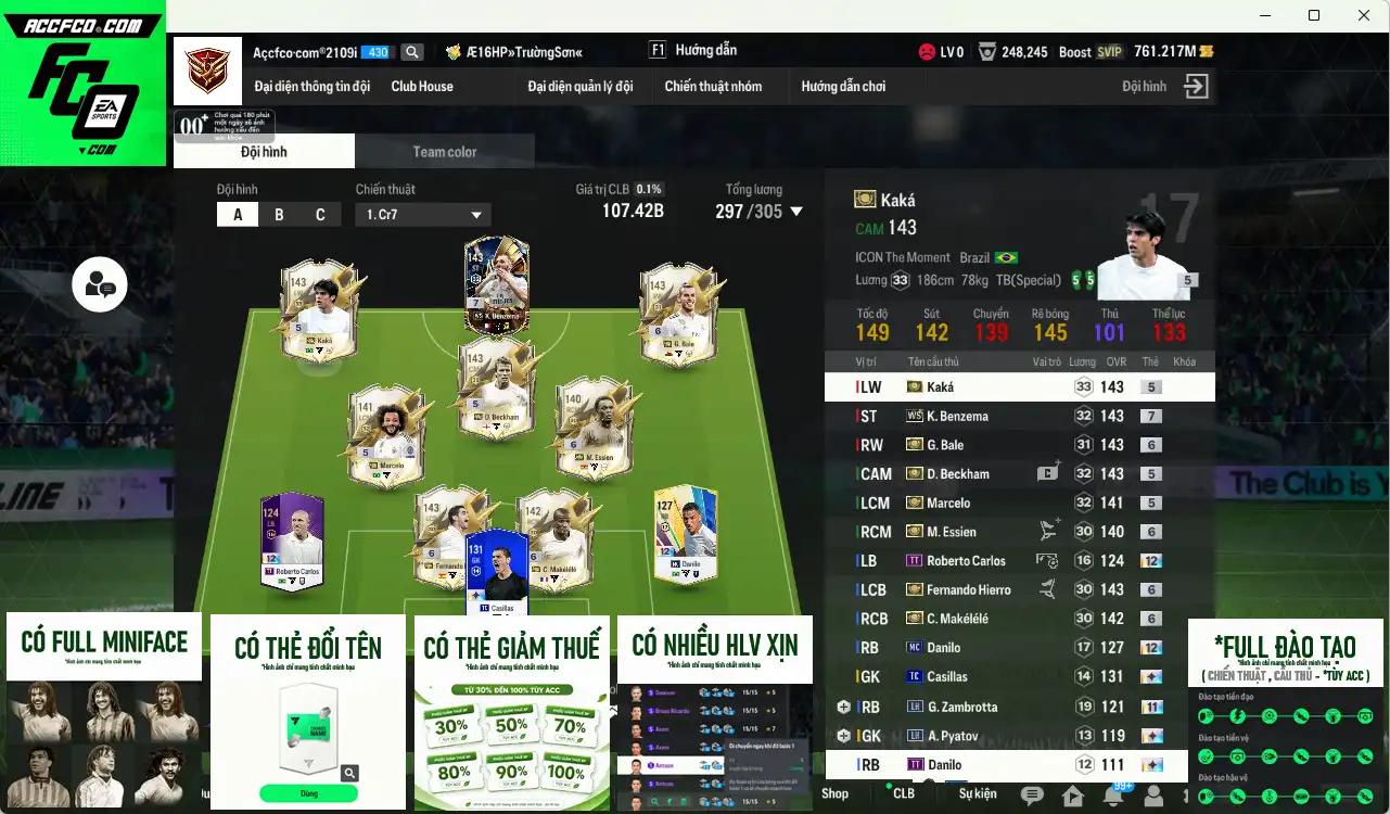 Real Madrid 107.42b có Beckham ITM, Kaká ITM,  Bale ITM+6, Essien ITM+6, Marcelo ITM, Hierro ITM+6, Benzema WS+7, Makélélé ITM+6... Full miniface, còn thẻ  GIẢM THUẾ. HLV Xịn, gần full đào tạo chiến thuật vs chỉ số cầu thủ