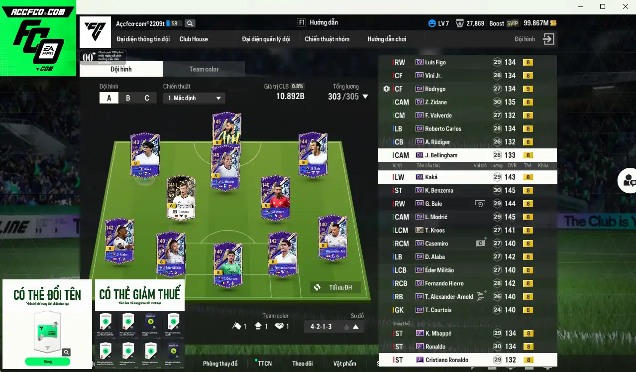 Real Madrid full mùa CU+8 10.892b có Zidane, Kaká, Benzema, Modric, Rodrygo, Rudiger, Bale, Vini, Casemiro, Figo, Carlos…Còn thẻ GIẢM THUẾ. Có sẵn nhiều HLV vs CP