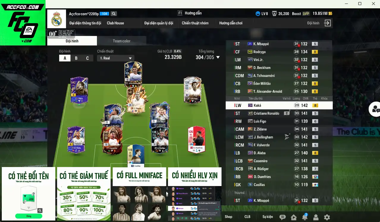 Real Madrid 23.329b có Bellingham 26TY, CR7 WS, Valverde 26TS, Kaká CU, Rudiger FAC+7, Casemiro SPT, Vini 26TY... Full miniface. HLV Xịn