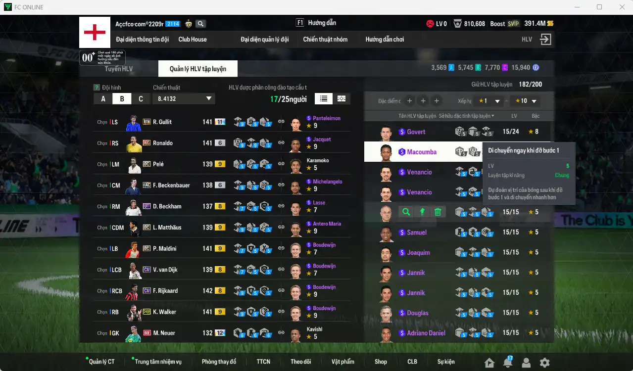 Ảnh [Tặng 350FC] Quốc Dân 20.984b có Gullit RTN+11, Ronaldo WG+6, Matthaus DC+9, Beckenbauer FAC+6, Pelé DC+9, Walker 24EP+9... Full minice, còn nhiều Coin ITM. HLV Siêu Xịn, đã full đào tạo chiến thuật lẫn chỉ số ct