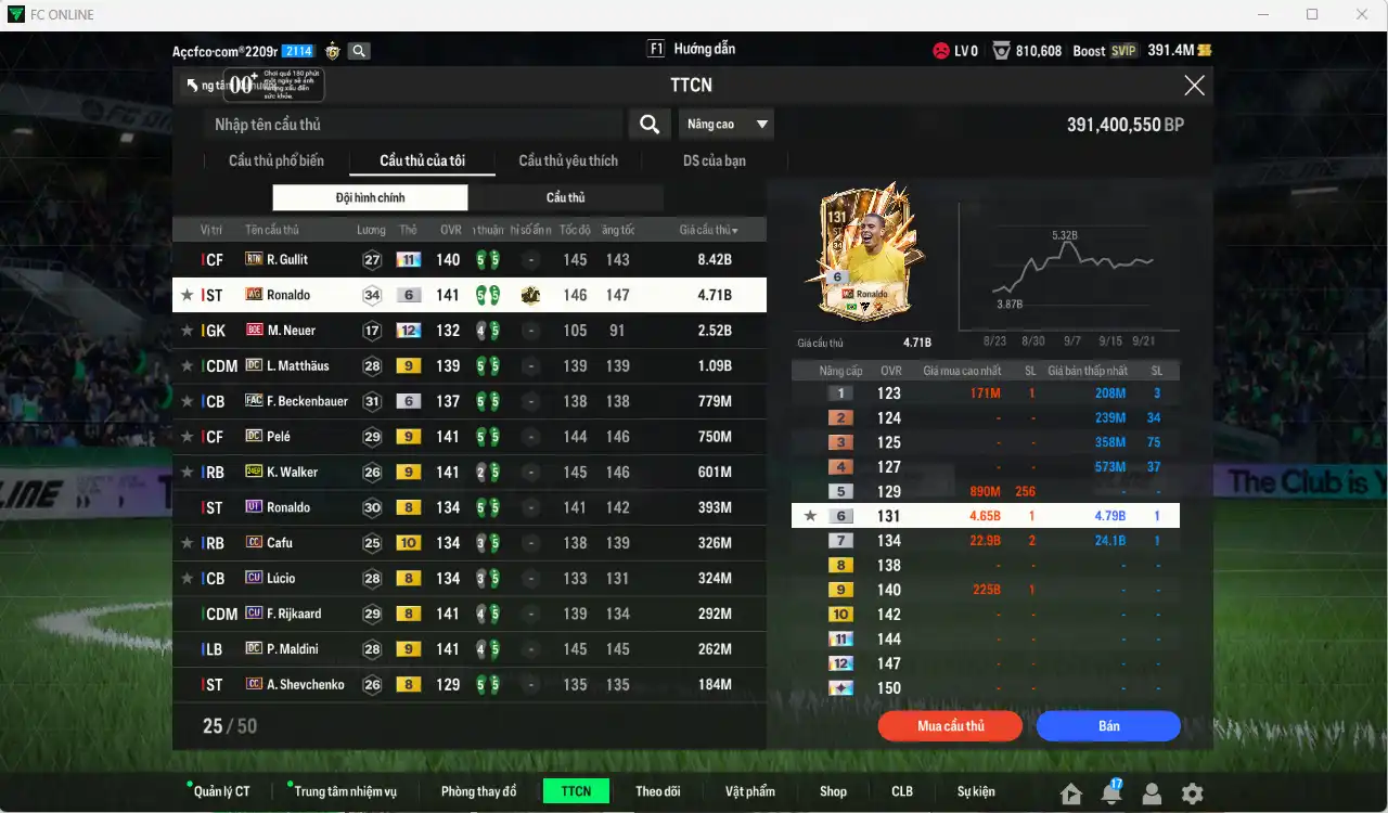 Ảnh [Tặng 350FC] Quốc Dân 20.984b có Gullit RTN+11, Ronaldo WG+6, Matthaus DC+9, Beckenbauer FAC+6, Pelé DC+9, Walker 24EP+9... Full minice, còn nhiều Coin ITM. HLV Siêu Xịn, đã full đào tạo chiến thuật lẫn chỉ số ct