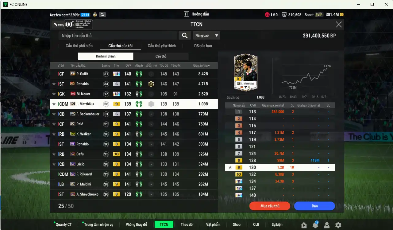 Ảnh [Tặng 350FC] Quốc Dân 20.984b có Gullit RTN+11, Ronaldo WG+6, Matthaus DC+9, Beckenbauer FAC+6, Pelé DC+9, Walker 24EP+9... Full minice, còn nhiều Coin ITM. HLV Siêu Xịn, đã full đào tạo chiến thuật lẫn chỉ số ct