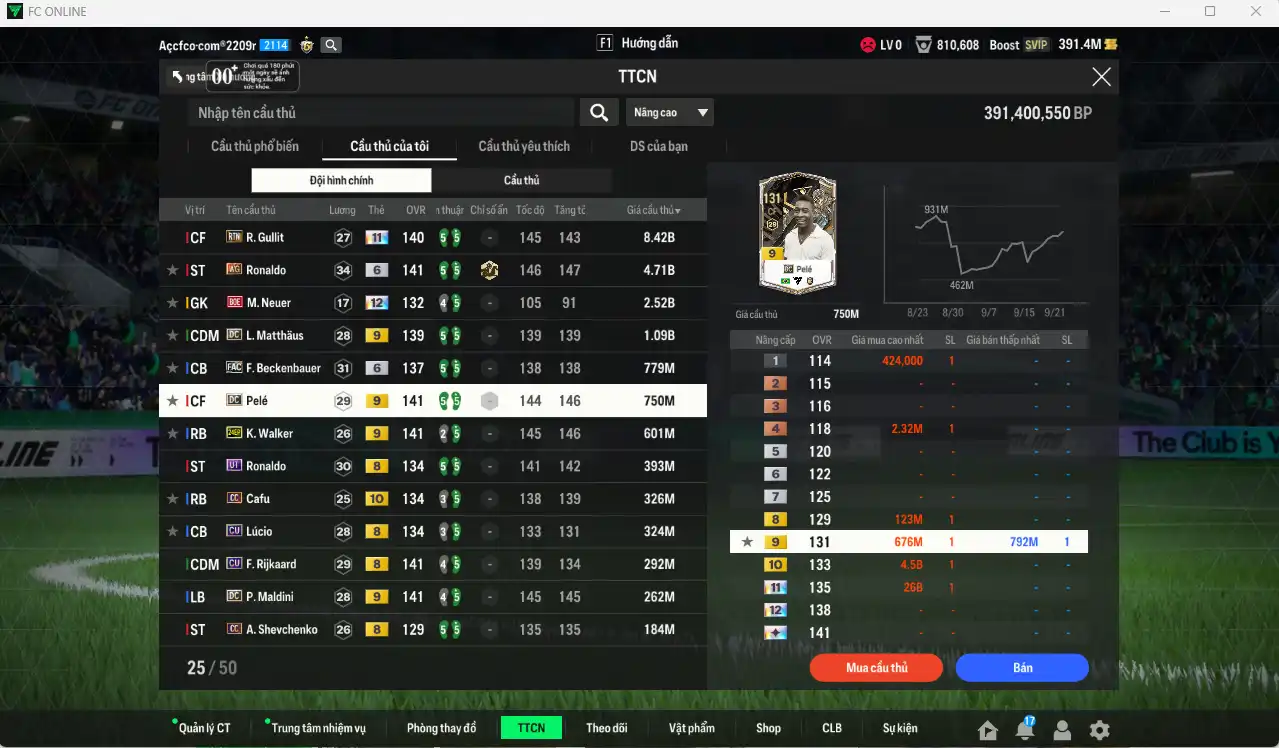 Ảnh [Tặng 350FC] Quốc Dân 20.984b có Gullit RTN+11, Ronaldo WG+6, Matthaus DC+9, Beckenbauer FAC+6, Pelé DC+9, Walker 24EP+9... Full minice, còn nhiều Coin ITM. HLV Siêu Xịn, đã full đào tạo chiến thuật lẫn chỉ số ct