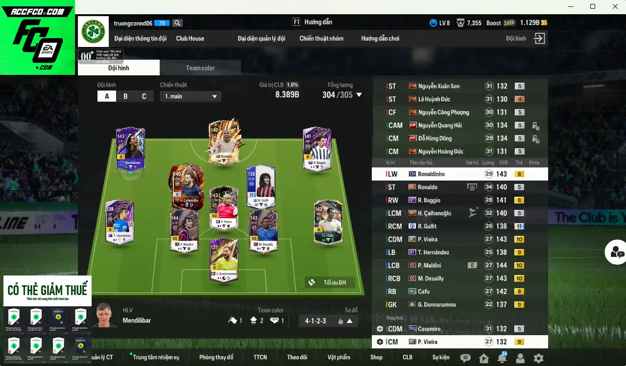 [Tặng Quang Hải, Hùng Dũng  IP+5] AC Milan 8.389b dư 1,1b có Gullit CFA+11, Vieira DC+10,  Ronaldo WG, Calhanoglu SPT, Maldini CC+10, Ronaldinho CU, Desailly CC+10… Còn nhiều thẻ GIẢM THUẾ
