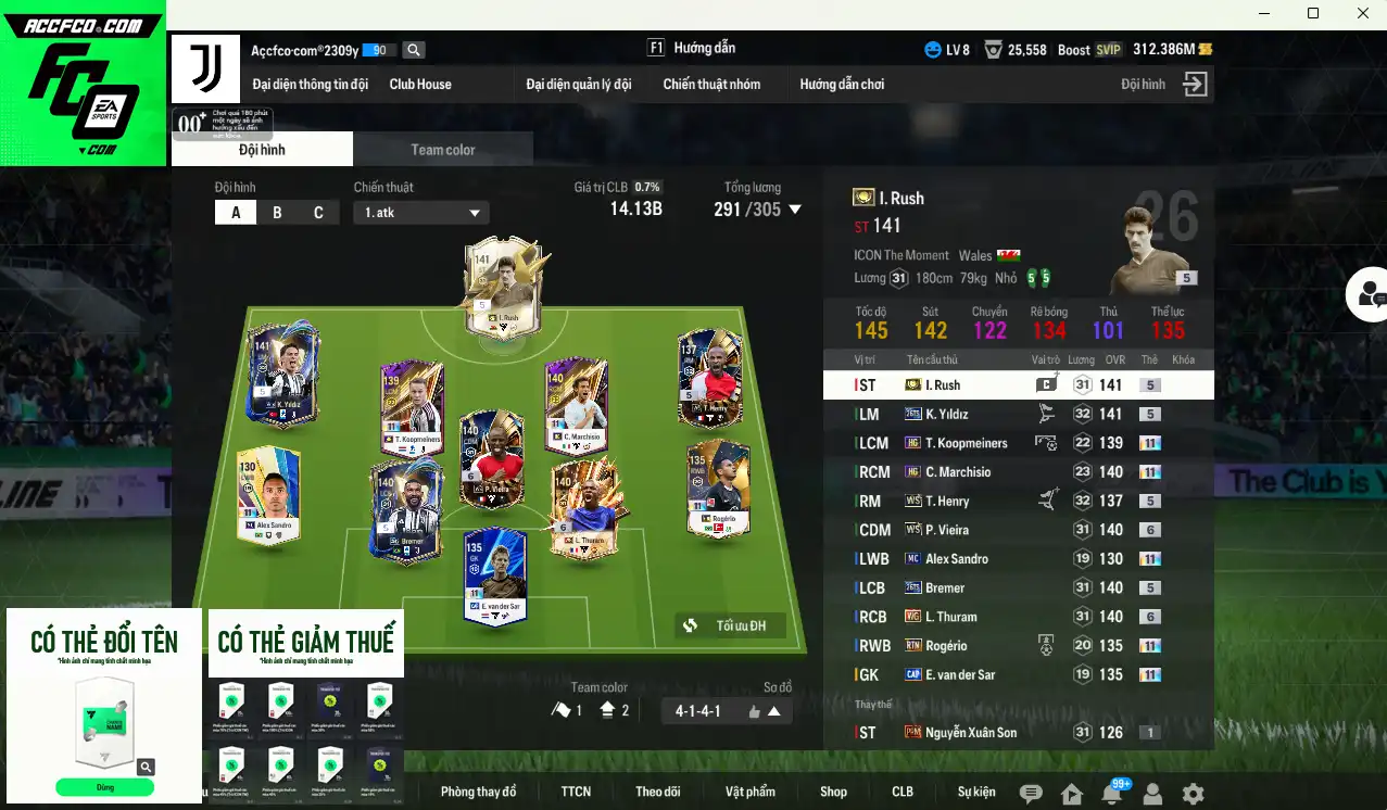 Juventus 14.130b có Rush ITM, Thuram WG+6, VDS CAP+11, Sandro MC+11, Yildiz 26TS, Rodério RTN+11, Marchisio RTN+11…  Có thẻ đổi tên, thẻ GIẢM THUẾ. Sẵn nhiều CP vs HLV