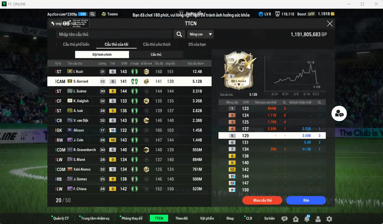 Ảnh Liverpool 36.039b dư 1.1b có Rush ITM+6, Gerrard ITM, Dalglish ITM, Suárez GRY, Isak 24EP+9, Van Dijk 26TS+6, Cole UT+10… Còn nhiều Coin ITM. HLV Xịn